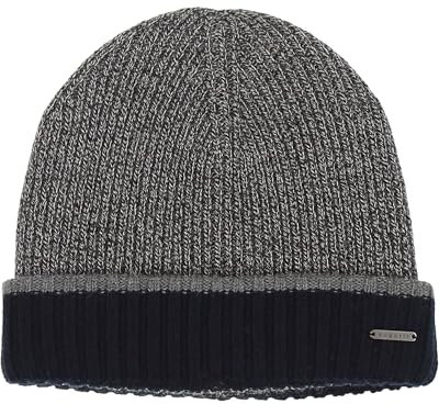 bugatti Herren Mütze mit Rippenmuster - Strickmütze mit farblich abgesetztem Rand - 100% Wolle - One Size Grau