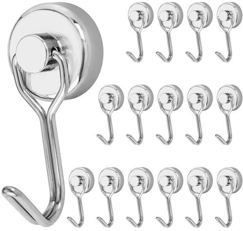 Poppstar magnetkrokar extra starka roterbara 16 st. (15 kg bärkraft, längd 4,3 cm, diameter 2 cm) neodymiummagnetkrokar, silver