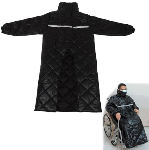 Winter Wheelchair Blanket, Waterproof Windproof Full Body Warm Blanket, Wearable Wheelchair Cosy Cover with Sleeves Rain Cover for Adult Wheelchair Users,Universal Blankets Coat ,Black,136cm/53.5in