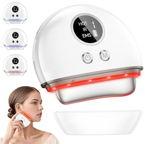 FTJKGH Masajeador Facial Eléctrico Gua Sha Con EMS Calor Vibración Y 4 Modos Luces LED Roja Azul Y Violeta. Antiarrugas Reafirmante Lifting Facial Reducción De Bolsas Y Doble Mentón, Rejuvenecimiento