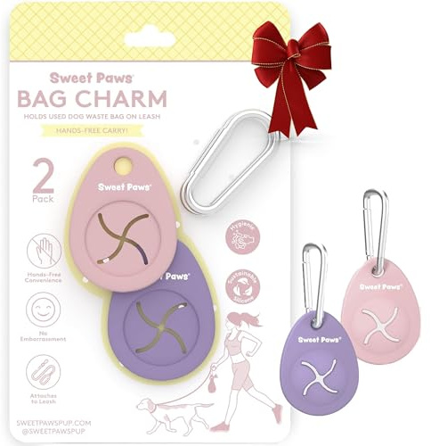 Sweet Paws Dog Poop Bag Holder Charm Duo – Hands-Free Carry of Used Poop Bag, Durable Eco-Friendly Silicone Dog Walking Accessory with Carabiner Clip, Blush Pink & Lavender - 2 charms included