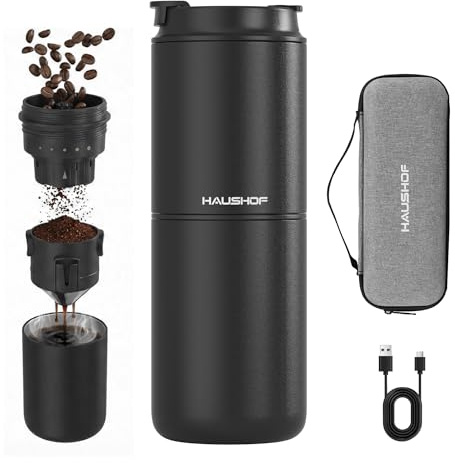 HAUSHOF Macinacaffè Elettrico Portatile Senza Filo con Infusione Integrata, Design a Doppia Apertura Coperchio, Kit Manuale con Filtro in Acciaio e Tazza Termica da Viaggio, per Campeggio e Outdoor
