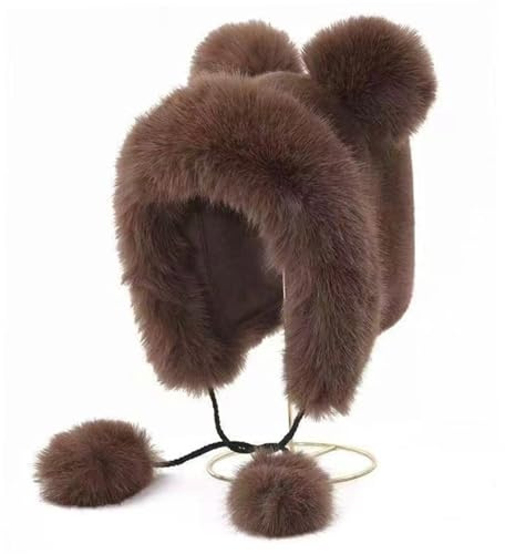Gorro de Oso Gorro de Peluche Peludo con Oreja de Invierno Suave y cálido para Adultos, Mujeres y niñas, café, Animal