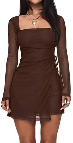 Remxi Women's Sexy Ruched Mesh Mini Dress Square Neck Long Sleeve Fitted Dress Elegant Club Party Dresses Brown S