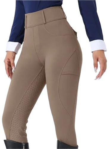 GIYXHU Pantalones De EquitacióN Pantalones de equitación silicona antideslizantes con asiento completo for mujer, elásticos, ajustados, cintura alta y bolsillo(Brown,L)