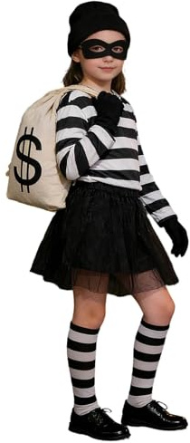 Disfraz de ladrón para niños, traje de ladrón de bancos con parte superior a rayas, guantes, antifaz para niños, disfraz para niñas y niños, cosplay, fiesta y carnaval