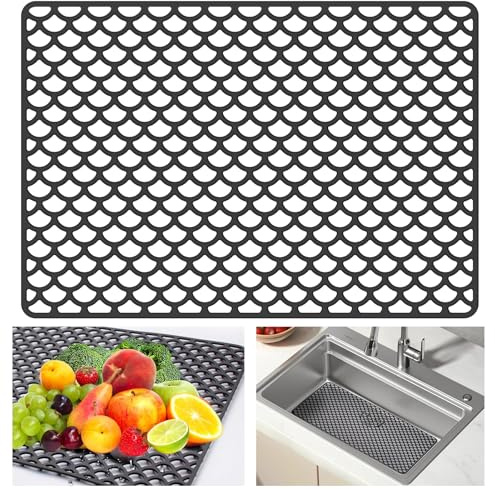 lomdung Tappetino in Silicone per Lavello, 46 x 32cm Tappetino Antiscivolo per Lavello Cucina, Tappetini Protettivo per Lavelli, Scarico Rapido, per Mantenere Pulita la Cucina (Nero)