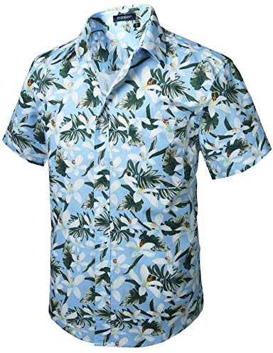HISDERN Men Funky Hawaiian Cherry Blossoms Shirts Short Sleeve Front Pocket Holiday Summer Aloha Printed Beach Casual Blue Hawaii Shirt L