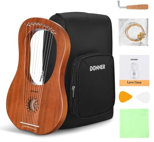 Donner Lyre Harp, 10 Metal Strings, Mahogany Body and Bone Saddle DLH-002 Lyre Harp for Beginner Kids with Tuning Wrench, Spare String Set, Black Gig Bag, Manual, Ancient Greece Style