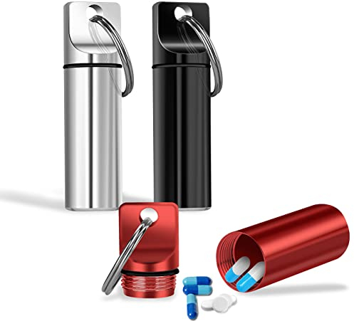 Grevosea 3 Stück Pillendose Schlüsselanhänger, Pillendose Klein,Mini Kapsel Pillendose,Aluminium Pillenbox Tablettenbox Wasserdichte Luftdichte Klein Tablettenbox für Reise Camping Angeln Speicherung