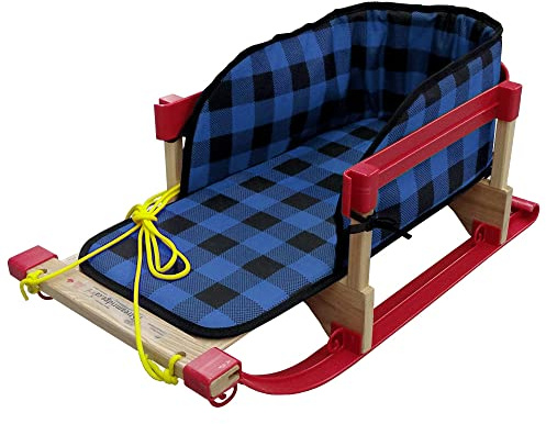 Superio Children Wooden Sled, Snow Sled for Toddlers, Kids Sleigh with Pull Ropes and Cushion, Baby Sled (Sled with Blue Cushion, 1 Pack)