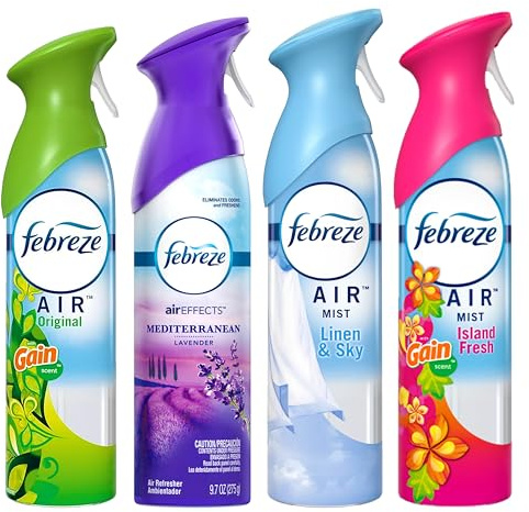 Febreze Air Freshener Odor Eliminator Spray, Assorted Scent Febreze & Bathroom Deodorizer, Original, Island Fresh, Linen Sky & Lavender, 4 Pack