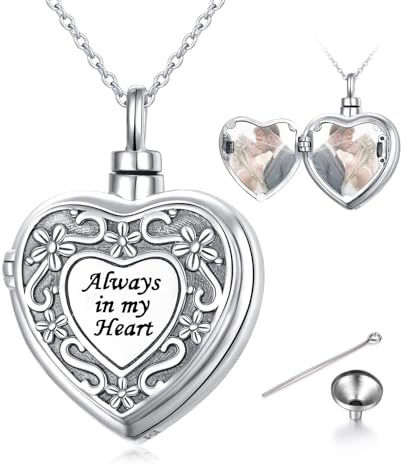 Flyow Photo Urn Necklace for Ashes, Cremation Jewelry for Ashes Sterling Silver Keepsake Memorial Necklace, Engraved Dainty Filigree Flower Heart Locket Necklace that Holds Picture