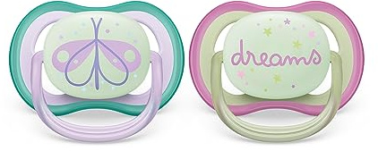 Philips Avent Ultra Air Soother: 2 chupetes ligeros y transpirables que brillan en la oscuridad para bebés de 0 a 6 meses, sin BPA y con funda de transporte esterilizadora (modelo SCF376/19)