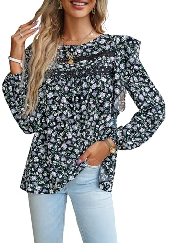 Camicia Elegante Donna Manica Lunga Top Girocollo in Chiffon Camicetta Moda Floreale Maglietta da Donna da Lavoro, Casual(S-XL)