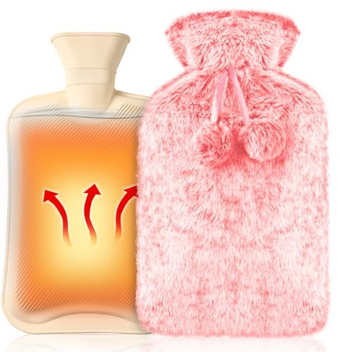 Auslaufsicher 2L Wärmflasche mit Bezug | Luxus kuscheligem Kunstfell & Pom Pom | Geschenke für Frauen | Bettflasche für Erwachsene & Kinder | Heißwasserbeutel ideal zur Schmerzlinderung Sichere