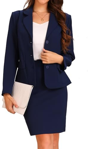 Allegra K Donna Completo da Lavoro in 2 Pezzi con Colletto Button Down Blazer Gonna A Tubino Set Gonna da Lavoro Blu Scuro S