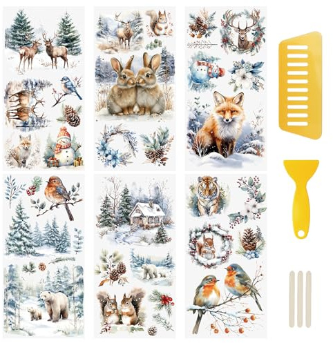 WANDIC 6 Sheets Rub On Transfer Sticker, Winter Snow Elk Sticker Decal for DIY Scrapbooking Photo Albums furniture,15 * 30cm