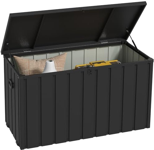 Outsunny Coffre de rangement, malle de jardin, capacité 450 L, avec poignée, roulettes et vérin à gaz, en métal, 125,5 x 61,5 x 70 cm, gris foncé