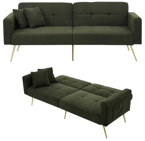 Lumivortex Soffa med sovfunktion, 2-sitsig soffa, hopfällbar soffkudde och sidoförvaringsväskor, liten soffa, bäddsoffa med justerbar vinkel, dagsäng, 175 x 64 x 72 cm (grön)