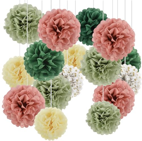ipow 16 Piezas Pompones de Papel Decorativa, Flores de Pompones Verde Rosa, Pompones Decoración Multicolor, Decoración DIY para Boda Fiesta Cumpleaños