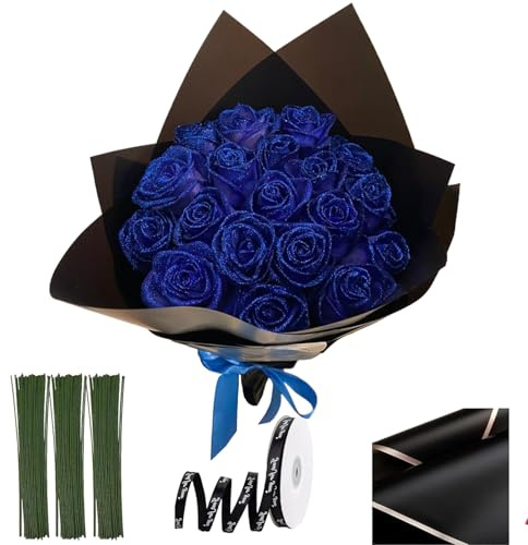 Licsaliwe Ramo de Rosas con Purpurina de 9, 5 Pulgadas, 20 Piezas de Flores Artificiales DIY con Tallos para Aniversario de Boda (Azul)
