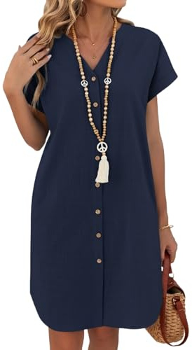 Zeagoo Robe en Coton et Lin Femme D'été Manches Courtes Chemise Robe Col V Courte Décontractée Robes Uni Robes de Plage Bleu Marine L