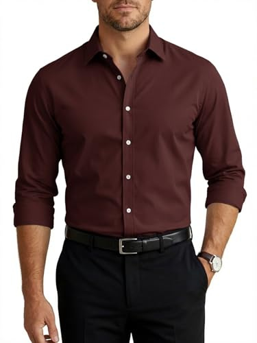 Runcati Camicia da uomo a maniche lunghe, elasticizzata, da uomo, in tinta unita, slim fit, per il tempo libero, facile da stirare, rosso vivo, M