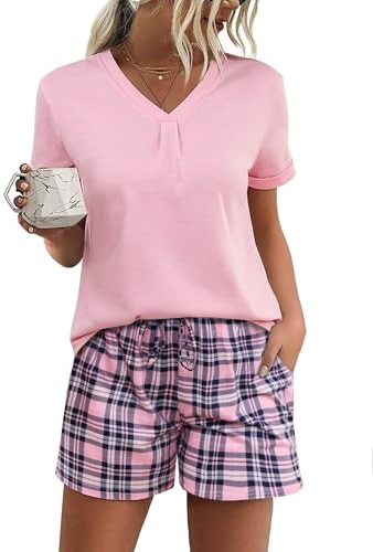 Jezonga Pyjamas Femme Ete Coton Ensembles de Pyjama Court A-Rose M