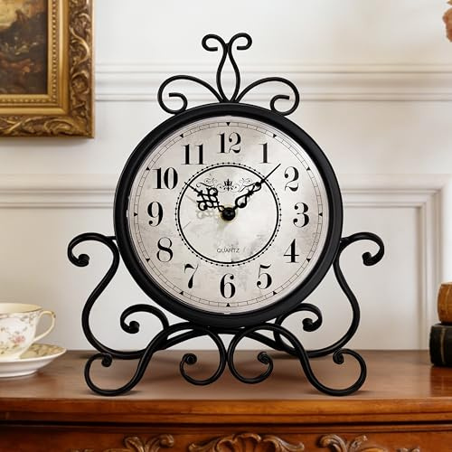 Mantel Clock Vintage Table Clock on Stand Desk Shelf Desktop Clocks Silent | Non Ticking Quiet Clocks for Living Room Bedroom Decor for Fireplace Battery Operated Rustic Chic Retro Antique Shelf Decor