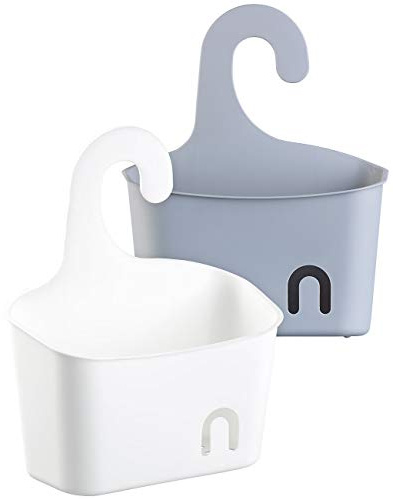 BadeStern Seifenkörbe: 2er-Set Duschkörbe mit Aufhänge-Haken und Ablaufgitter, grau und weiß Accessoire, Utensilie, Regal
