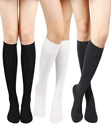 SATINIOR Baumwoll Kniestrümpfe Lässige Feste Strickstrümpfe Stiefelstrümpfe für Frauen (Schwarz, Dunkelgrau, Weiß, 3)