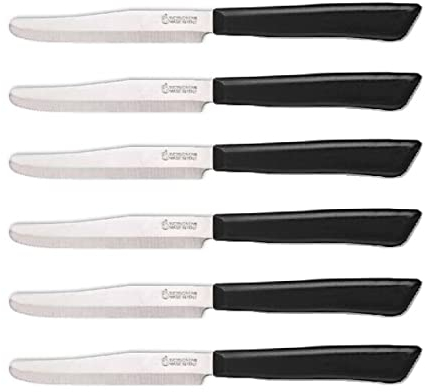 Tredoni 6 Kitchen Knives - 11cm Italian Stainless Steel Serrated Vegetable/Steak/Table Knife Cutlery, Rounded Tip (Black)