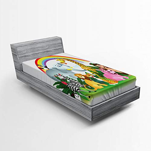 ABAKUHAUS Tierwelt Spannbetttuch, Tiere unter Regenbogen, Soft Dekorativer Stoff Bettwäsche Rund-um Elastischer Gummizug, 90 x 200 cm, Grün Gelb