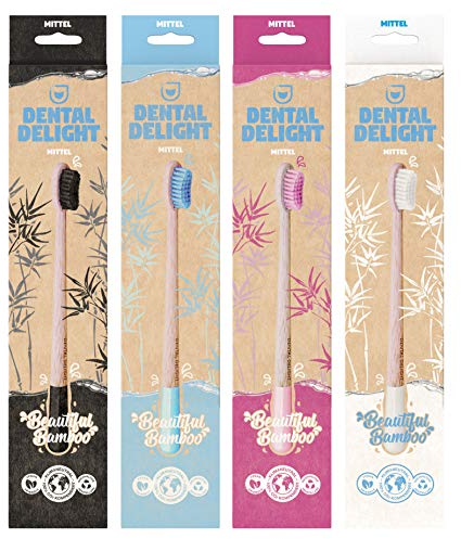 DENTAL DELIGHT Bambus Zahnbürsten mittel | 4x Holzzahnbürste | BPA frei vegan klimaneutral nachhaltig umweltfreundlich
