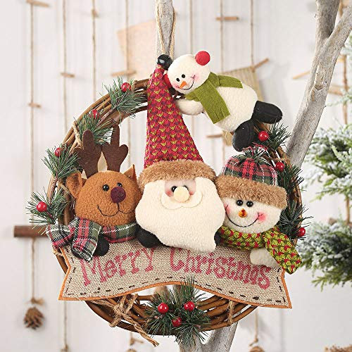 30CM Christmas Santa Wreath Decoration Rattan Door Wreath Ring Hanging Garland with Cute Xmas Snowman Reindeer Santa Doll for Front Door Indoor Outdoor Christmas Decor (Santa+Snowman+Reindeer doll)