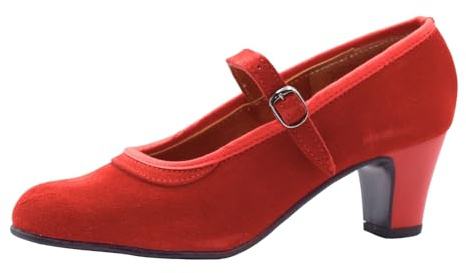 PASARELA - Zapatos Flamenco Mujer con Hebilla y Clavos Rojo Cuero