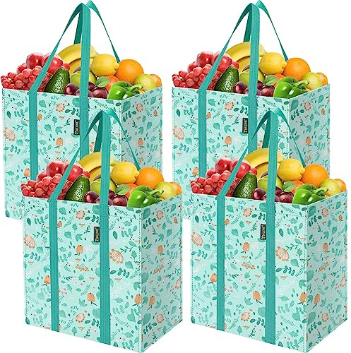 BALEINE 4 PK Grocery Bags Reusable Shopping Bags with Reinforced Bottom, Heavy Duty Foldable Tote Bags (Spring Stroll)