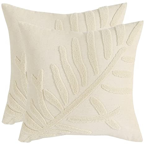 Tosleo Housse de Coussin Brodées 40x40cm Taie d'oreiller en Coton Floral Lot de 2 Feuilles Beige Deco pour Canapé Chambre Salon Voiture