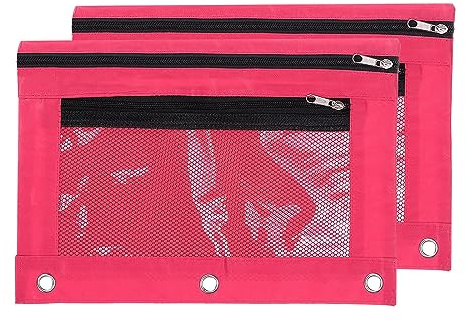 PATIKIL Pencil Pouch for 3 Rings Binder, 2 Pack Oxford Cloth Mesh Zipper Binder Pouch Pencil Case for Office Home, Rose Red