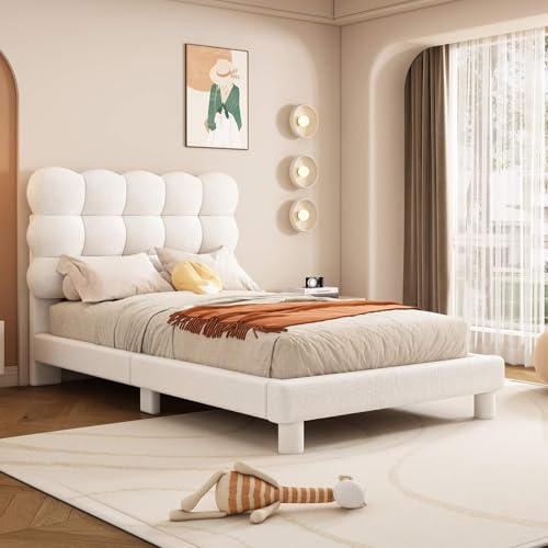 KOMHTOM Lit Rembourré avec Tête de lit réglable, Lit Plateforme avec Sommier à Lattes en Bois, Cadre de Lit, Anti Laine d'agneau, Mode et Sobre(sans Matelas) (Blanc, 90x200cm)