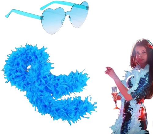 CocCCoon Blue Feather Boa And Blue Sunglasses Feather Boa Natural Feathers Feather Boas Multipack for Women Girls Wedding Bachelor Halloween Christmas Party Heart Shaped Sunglasses