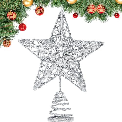 GXFCING Puntale per Albero di Natale, Punte Stella Argentata 3D Metallizzata Glitterata, Decorazione a Stella Albero di Natale, 20 x 15 cm (argento, M)