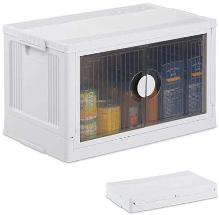 Relaxdays Caja de Almacenaje Apilable 50 l, Tapa y Puerta Frontal, Cajón Plegable Ropa, Juguetes, Plástico, Blanco, 30,5 x 53 x 32 cm