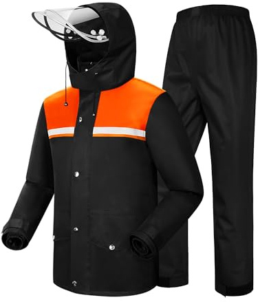 iCreek Rain Suit Waterproof Jacket and Trouser Suit Raincoat for Men and Women Outdoor All-Sport Breathable Anti-storm (Black/Orange, XL)