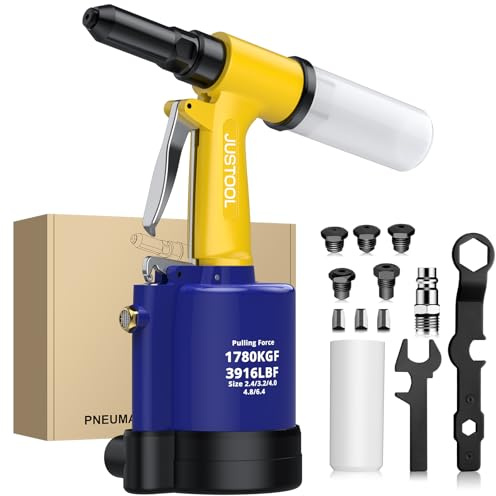 JUSTOOL Riveteuse Pneumatique avec 5 Buses 2,4 mm, 3,2 mm, 4,0 mm, 4,8 mm, 6,4 mm, 1780KGF Pistolet de Rivetage Hydraulique Auto-amorçant