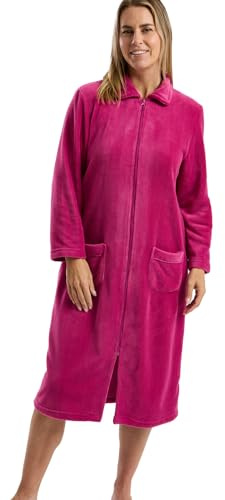 Marlon Womens Ramona Cosy Coral Fleece Housecoat - Soft & Warm Robe With Button or Zip Closure, Neat Collar & Pockets, Raspberry Zip, 16-18