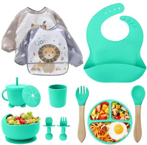 Servis-set för barn, silikon, 12 delar, BPA-fri, sugkopp med sugkopp, kaffekopp, silikonhaklapp, skål, träsked, barnbestick