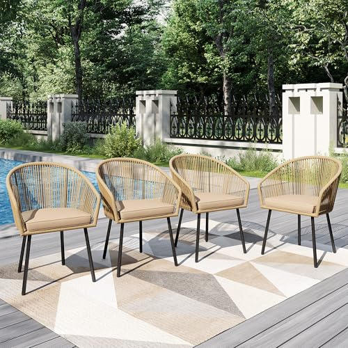PHI VILLA Gartenstühle 4er Set, Rattansessel Gartensessel Balkonstuhl Outdoor Sessel Loungesessel, Wetterfest Terrassenstühle mit Kissen & E-Beschichtung Metall für Hinterhof Balkon Terrasse, Beige