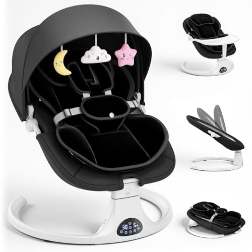 Sdraietta Neonati con Schienale Regolabile, Altalena Neonato Elettrica con Cuscino e Tavolino Laterale Rimovibili, 3 Timer, 5 Velocità di Altalena, 12 Melodie, 3 Opzioni di Alimentazione (Nero)